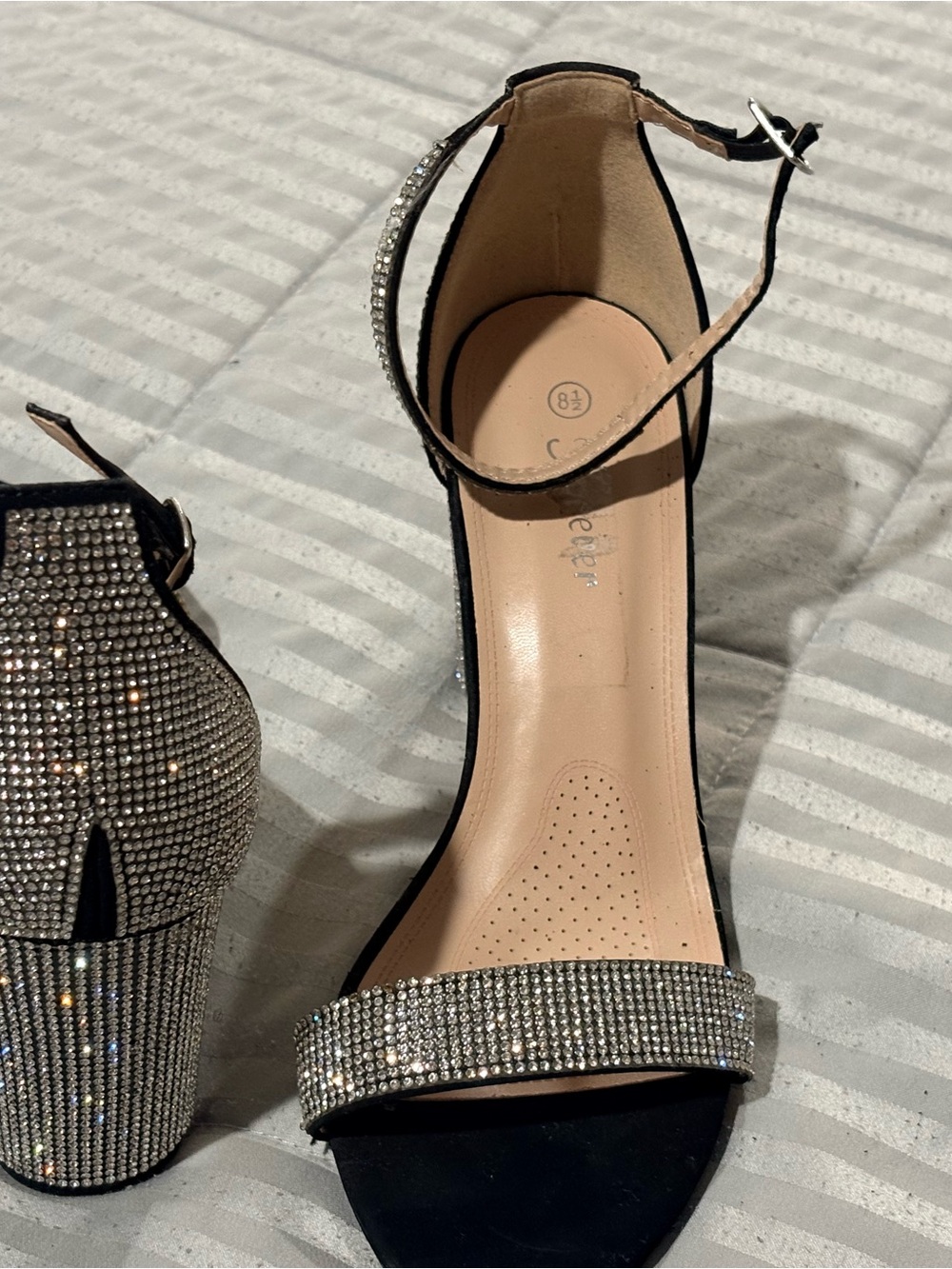 Women's Black Rhinestone Ankle-Strap Block Heel Sandals